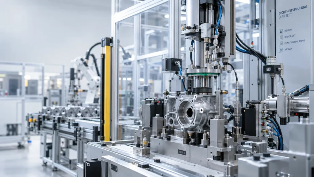 Estação robótica de alta precisão no laboratório de testes de vazamento